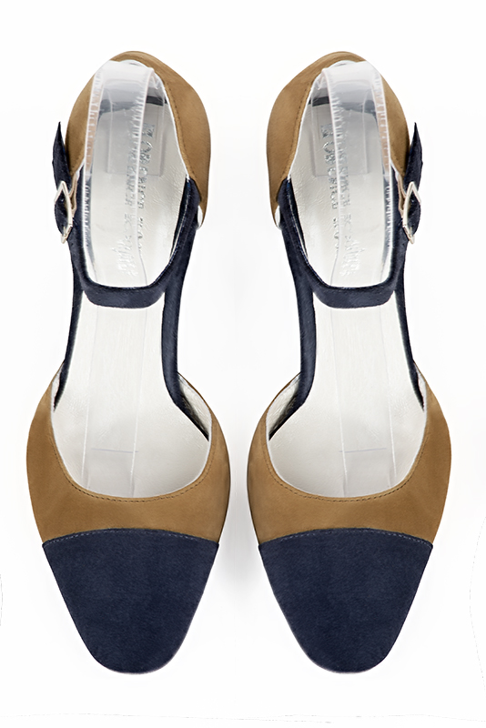 Navy blue and camel beige women's open side shoes, with an instep strap. Round toe. Medium block heels. Top view - Florence KOOIJMAN